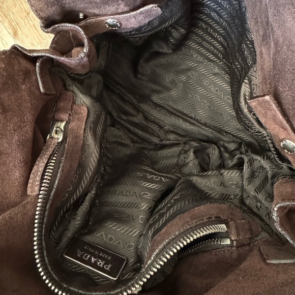 Prada Vintage Scamosciato Brown Suede Shoulder Bag Silver Hardware Push Lock - Picture 11 of 16